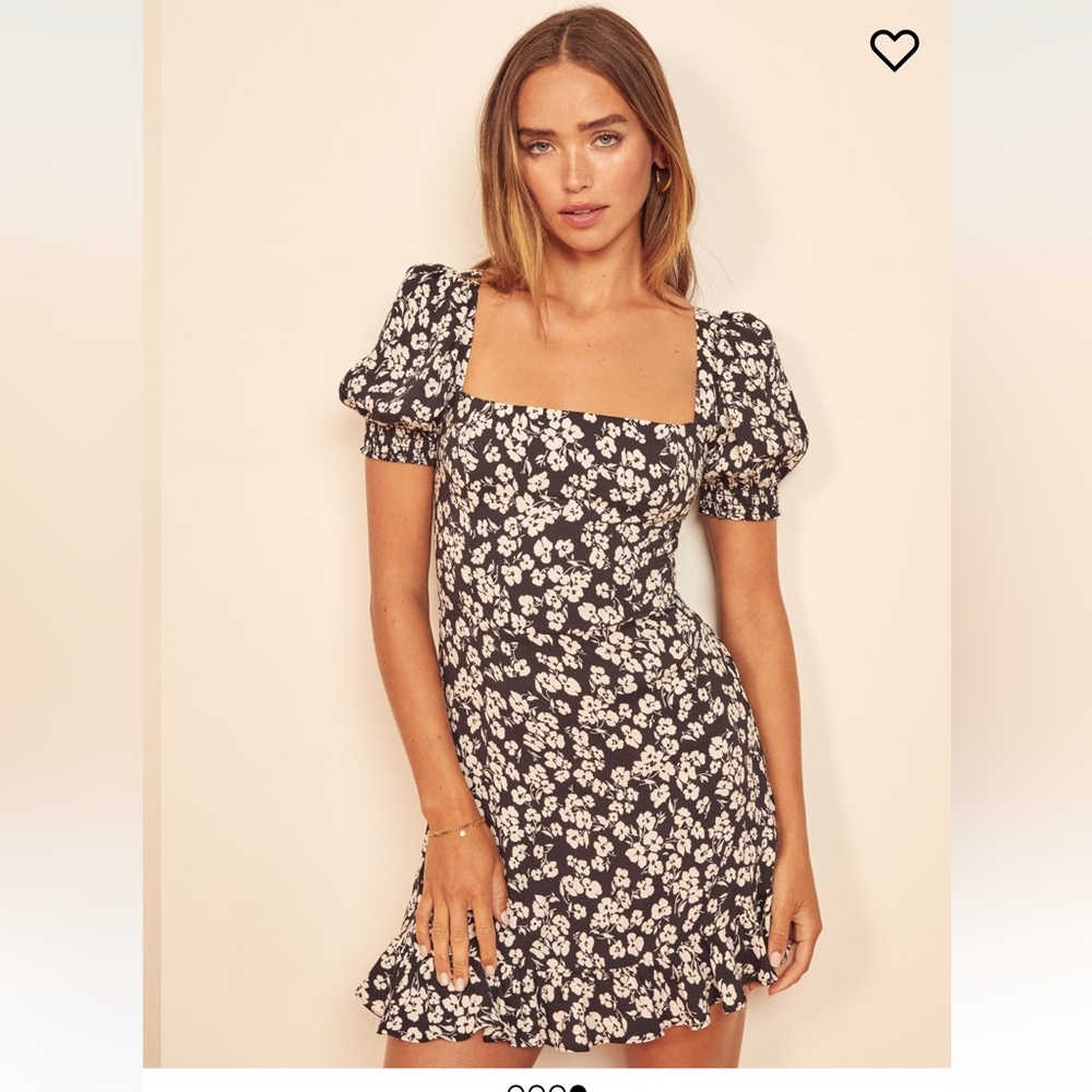 Reformation Lillian Mini Dress Black White Floral Square Neck Back Tie Size 8 M
